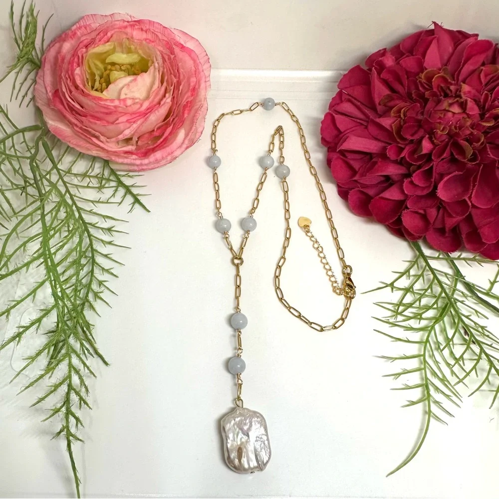 NEW⚜️Raw Aquamarine Baroque Pearl Lariat Necklace - Picture 3 of 8